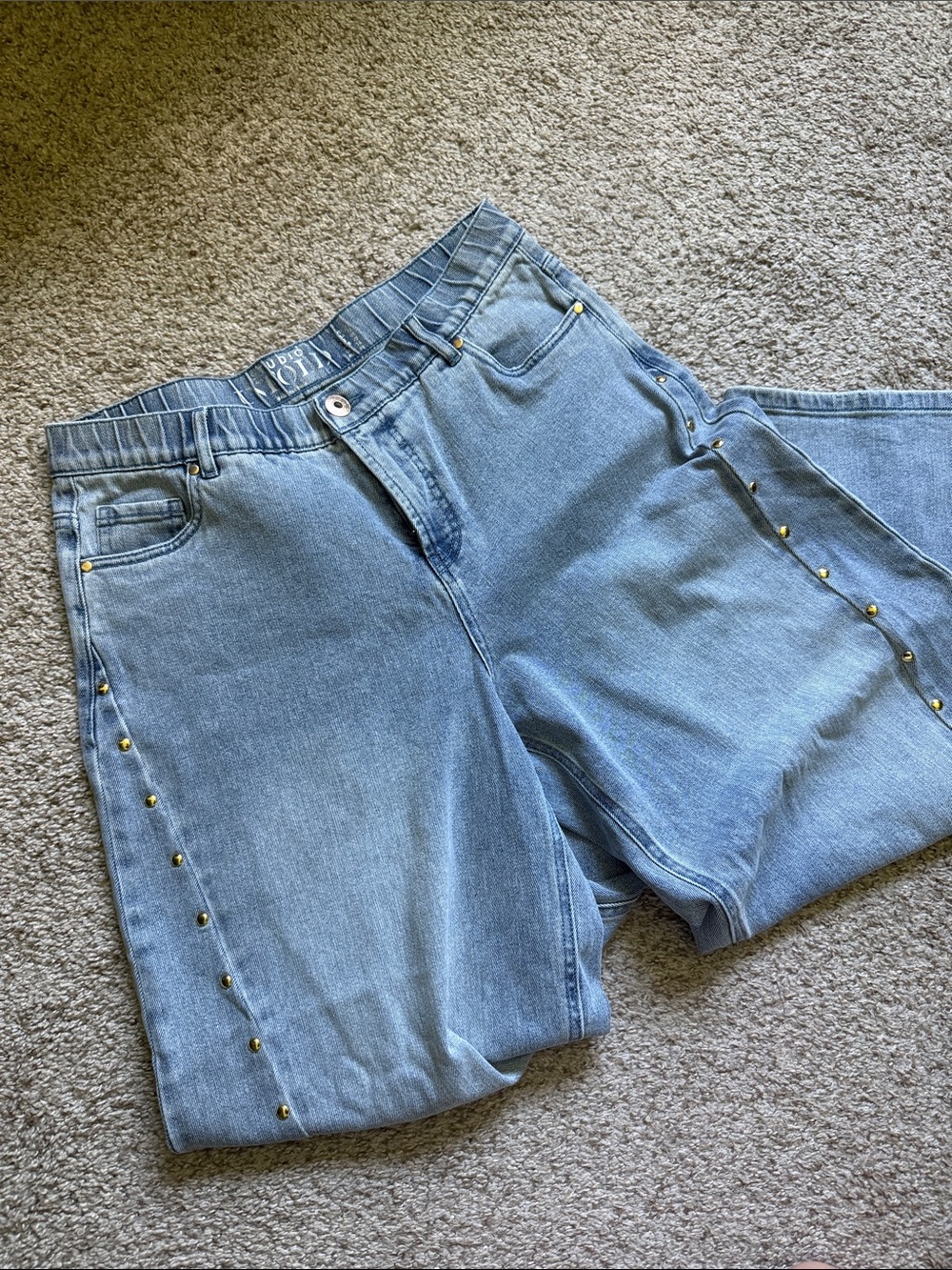 Ulla Popken Light Blue Wide Leg Jeans with Gold Studs
